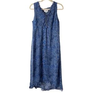 Vintage Mary McFadden Collection Blue Large Floral
print Ruffle Trim Midi Dress